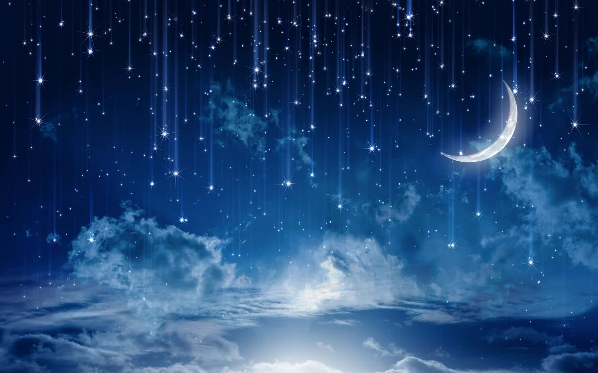 Magical Night Sky With Crescent Moon And Many Falling Stars Background