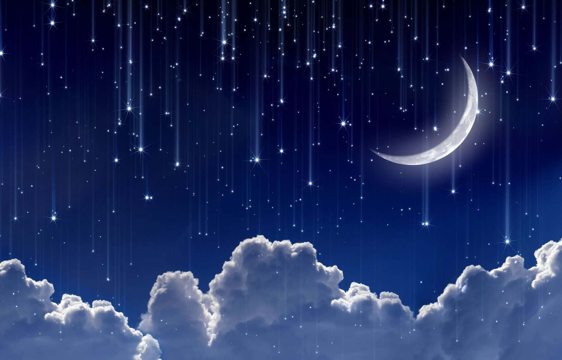 Magical Night Sky With Crescent Moon Glowing Background