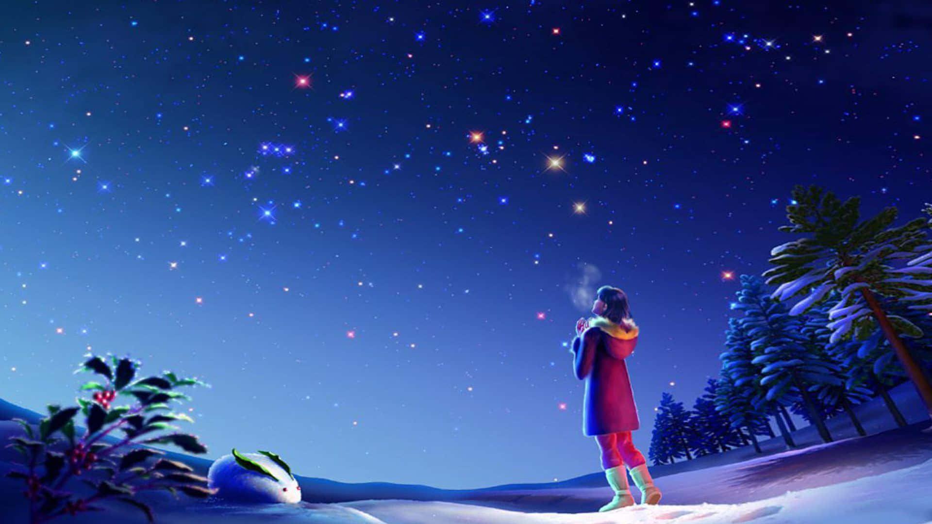 Magical Night Sky With Girl Looking At Sky Background