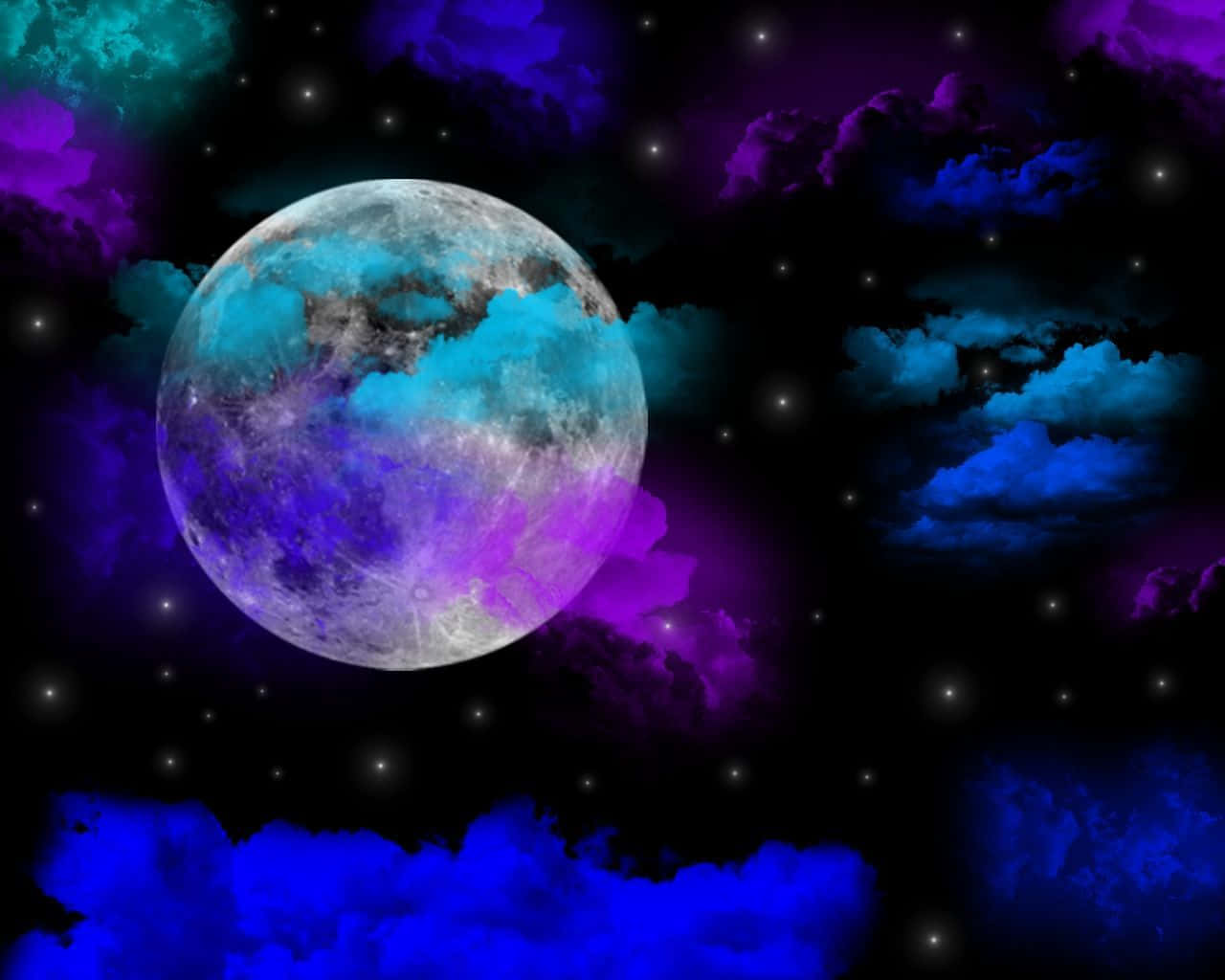 Magical Night Sky With Moon Surrounded By Colorful Clouds Background