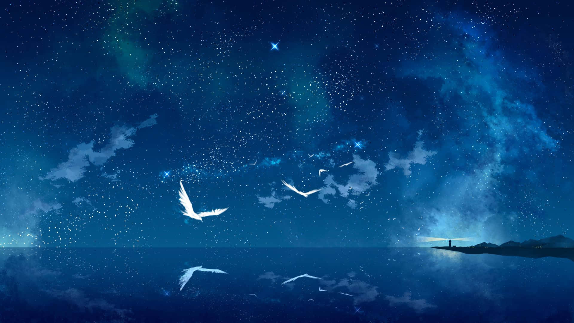 Magical Night Sky With Seagulls Flying Over Blue Sea