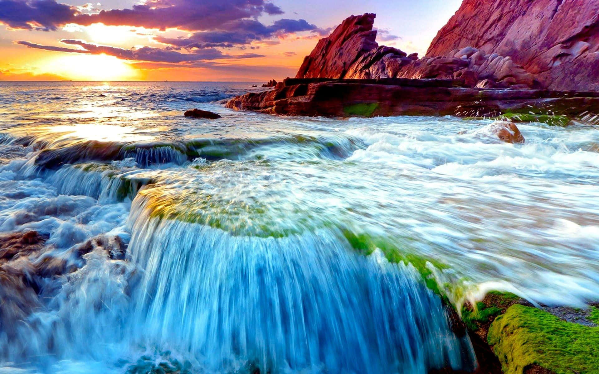 Magical Sunset With Tiny Waterfall Desktop