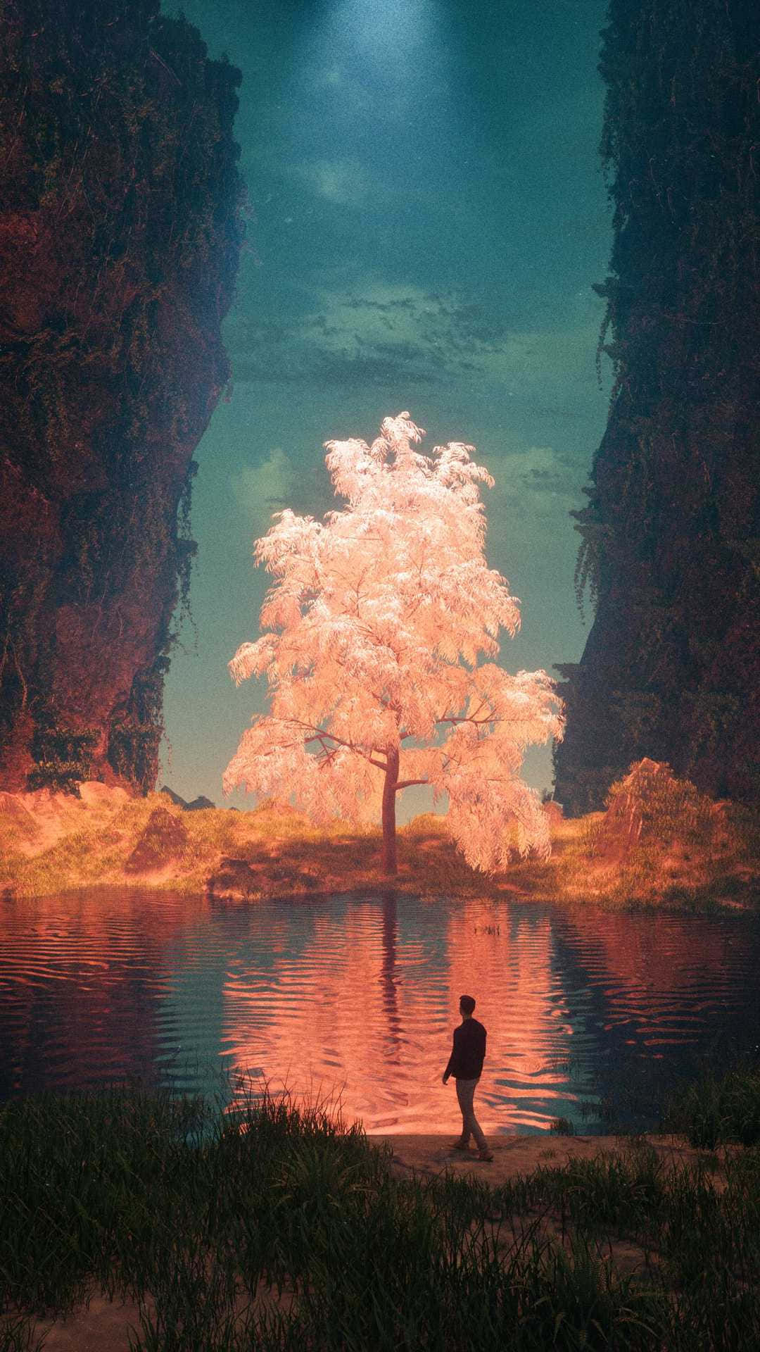 Magical Tree Surrounded By Serene Water Background