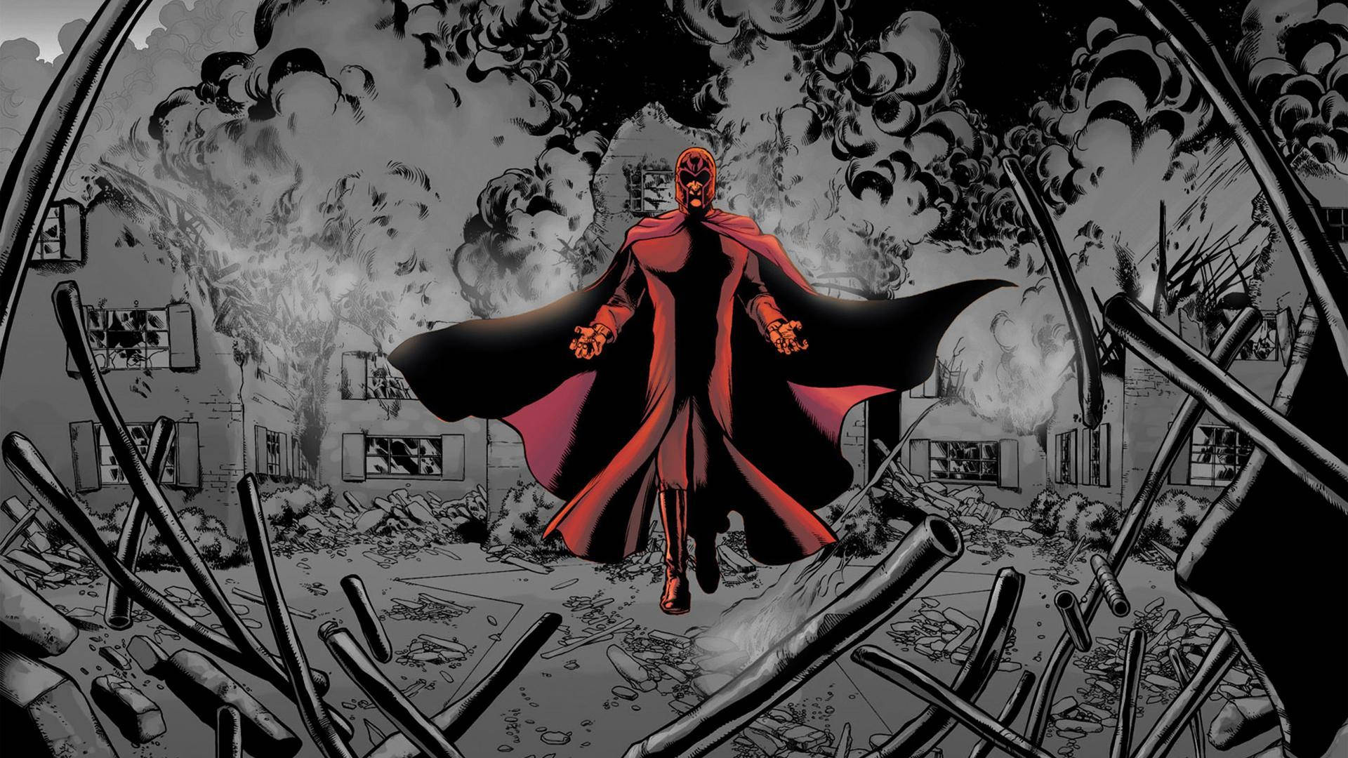Magneto Unleashing His Powers In A Disaster Scene Background