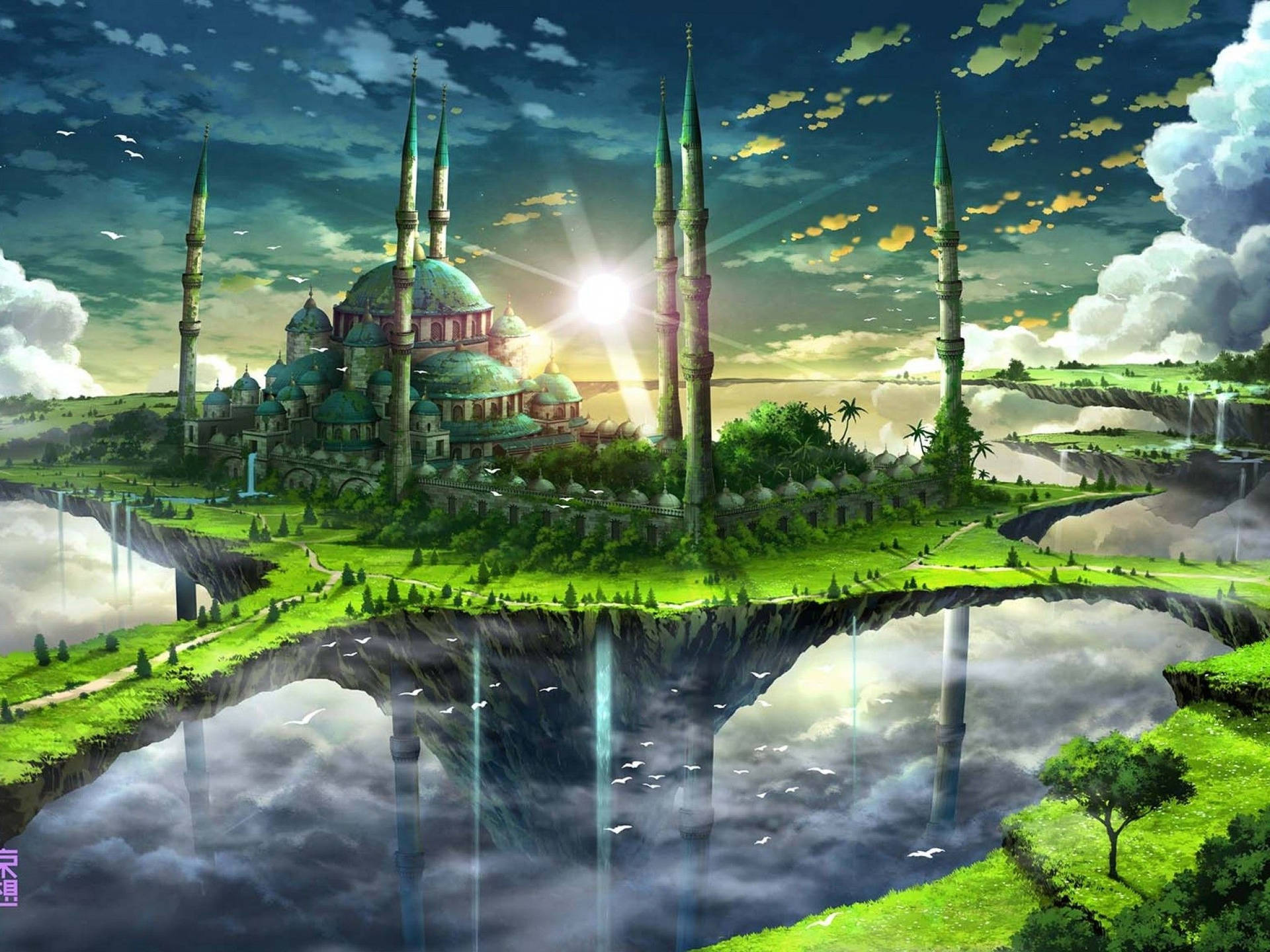 Magnificent Green Temple On A Floating Island In The Sky Background