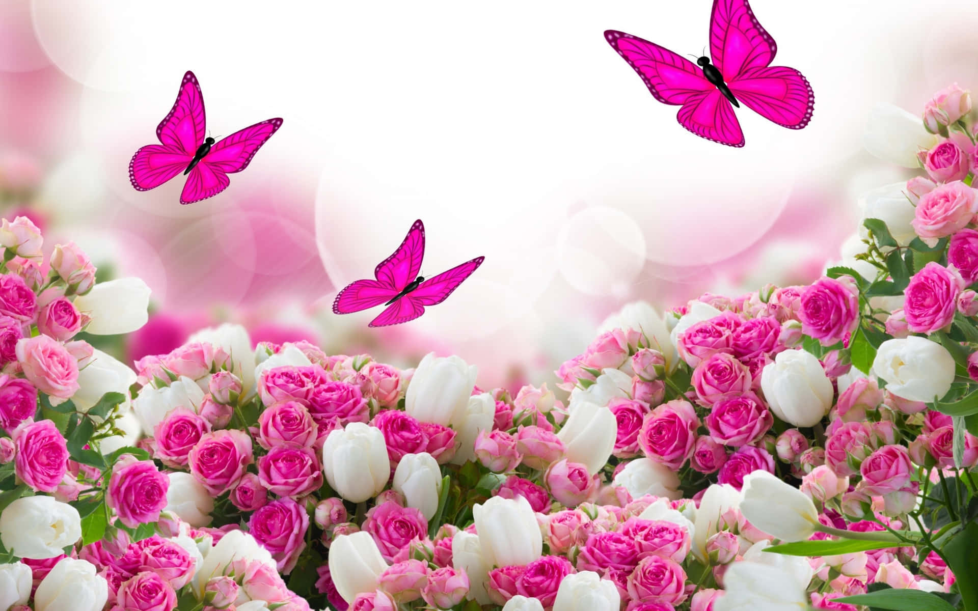 Magnificent Pink Flowers And Butterflies Background
