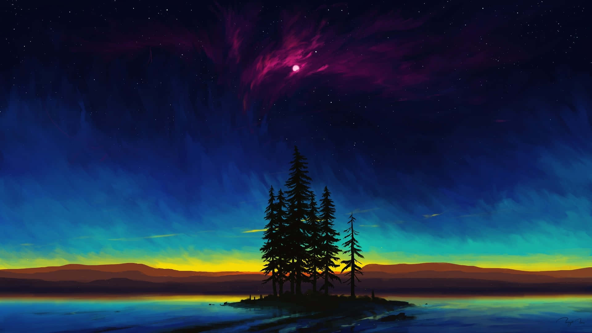 Magnificent Tree Night Silhouette Background