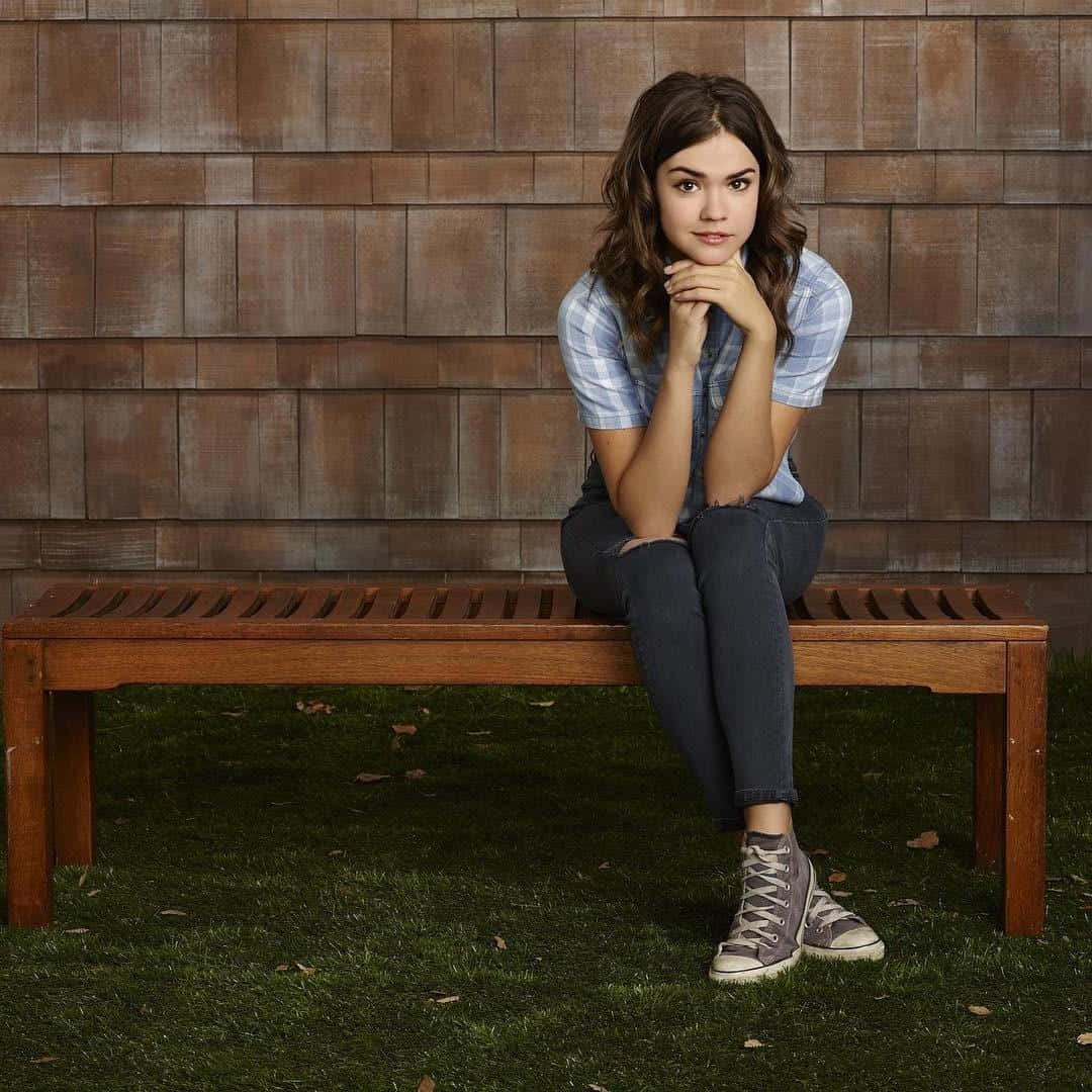 Maia Mitchell Casual Bench Pose Background