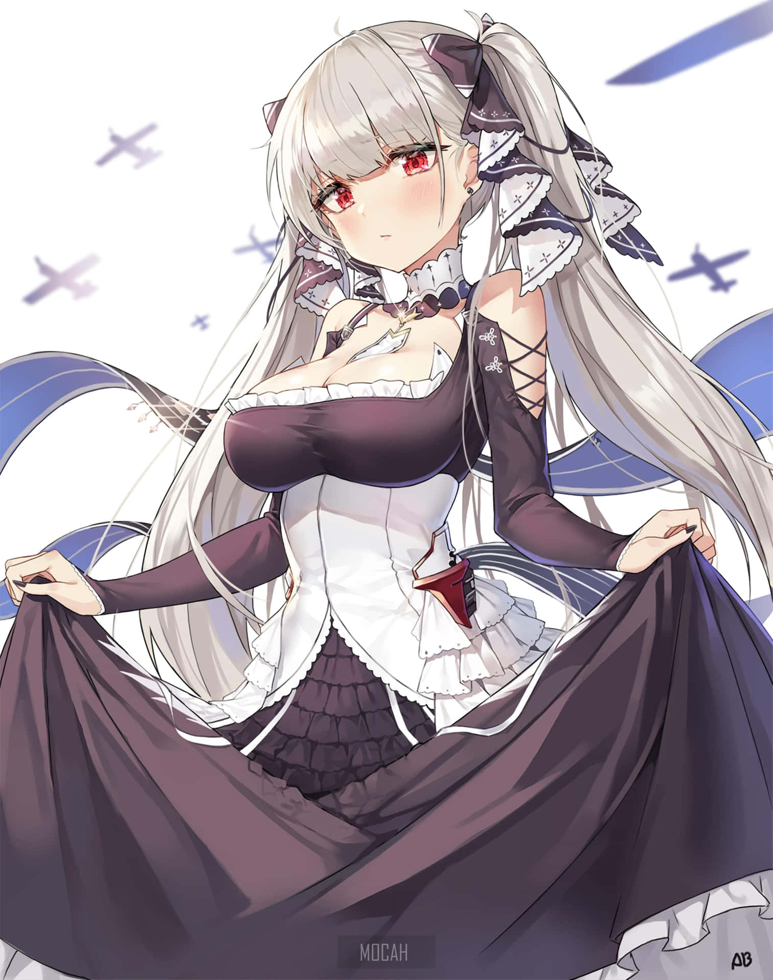 Maid With Silver Hairand Red Eyes Background