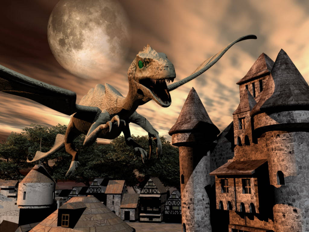 Majestic 3d Dragon Dominating The Town Background