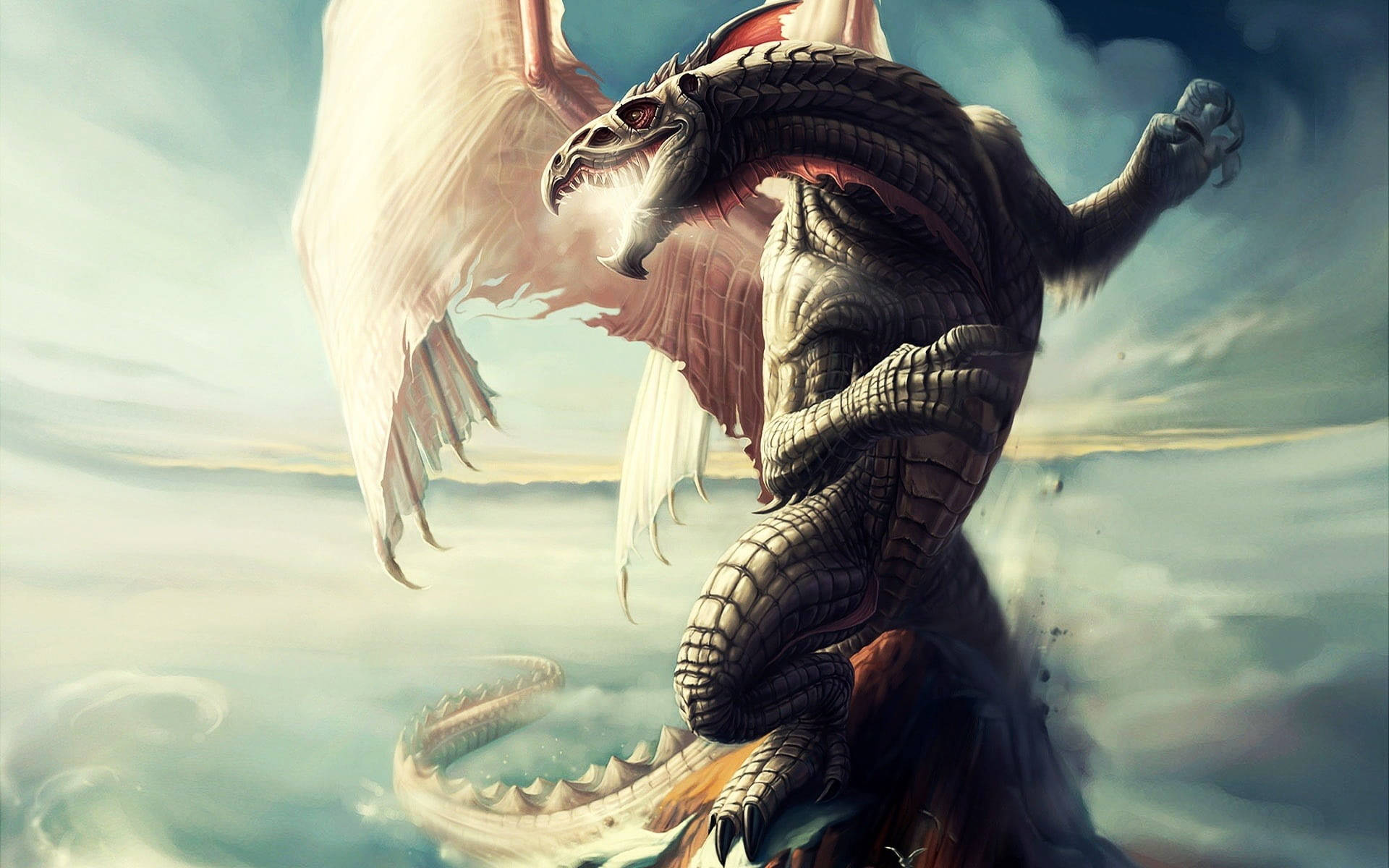 Majestic 3d Dragon Soaring Through Clouds Background