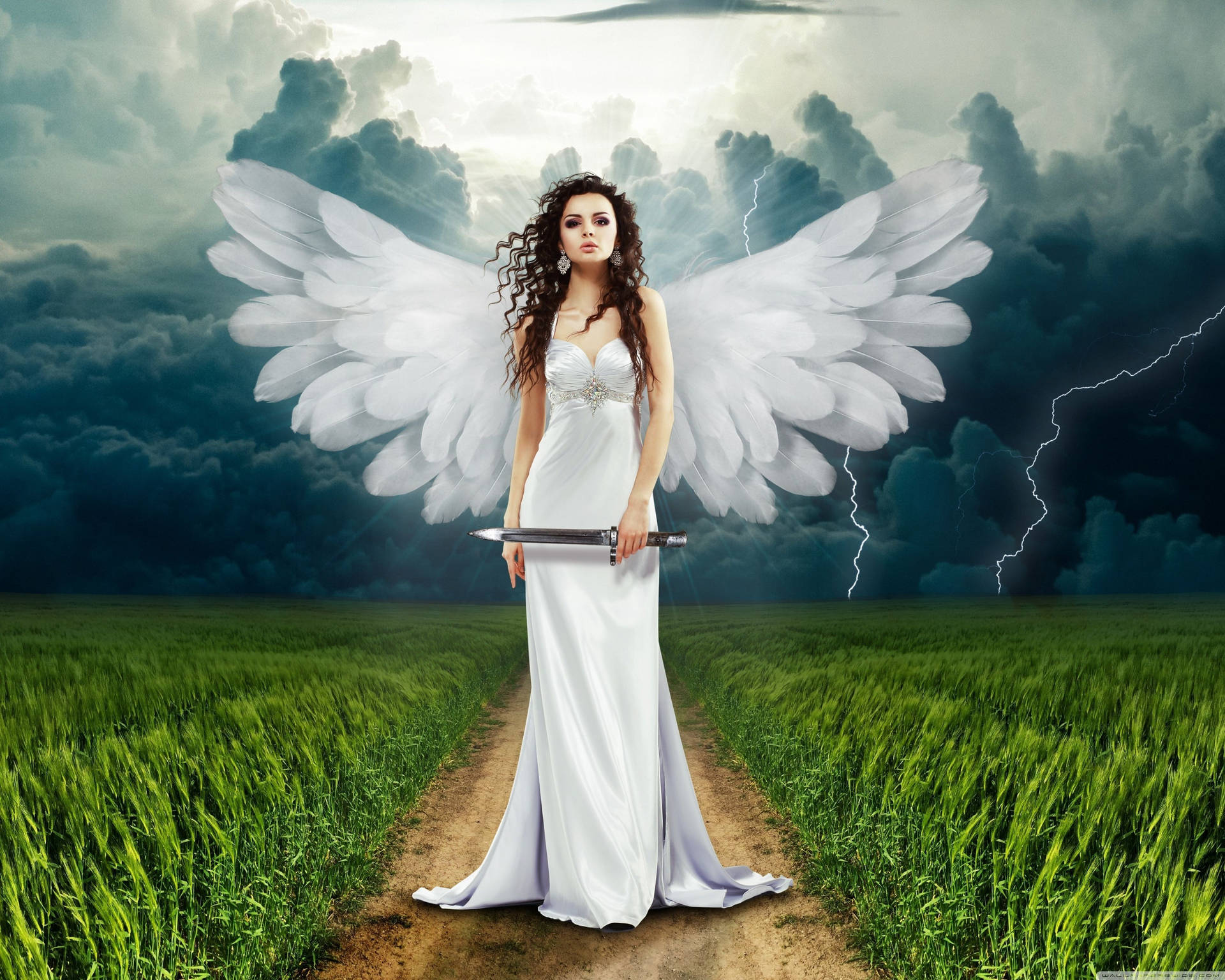 Majestic Angel With Sword In The Heavenly Sky Background