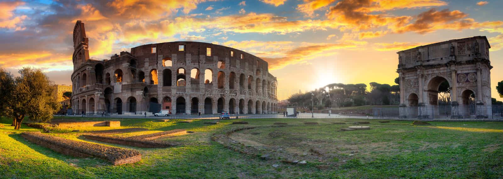 Majestic Arch Of Constantine With The Iconic Colosseum In Rome, Italy Background