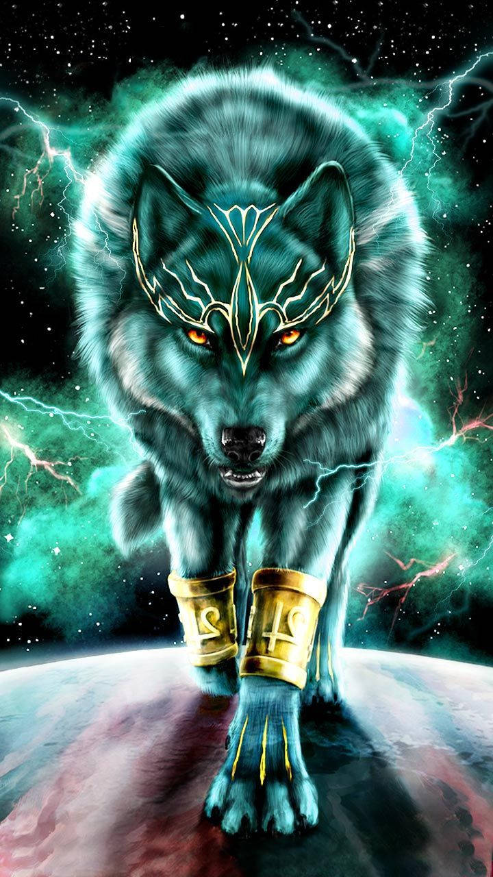 Majestic Blue Wolf Adorned In A Gold Headdress Background