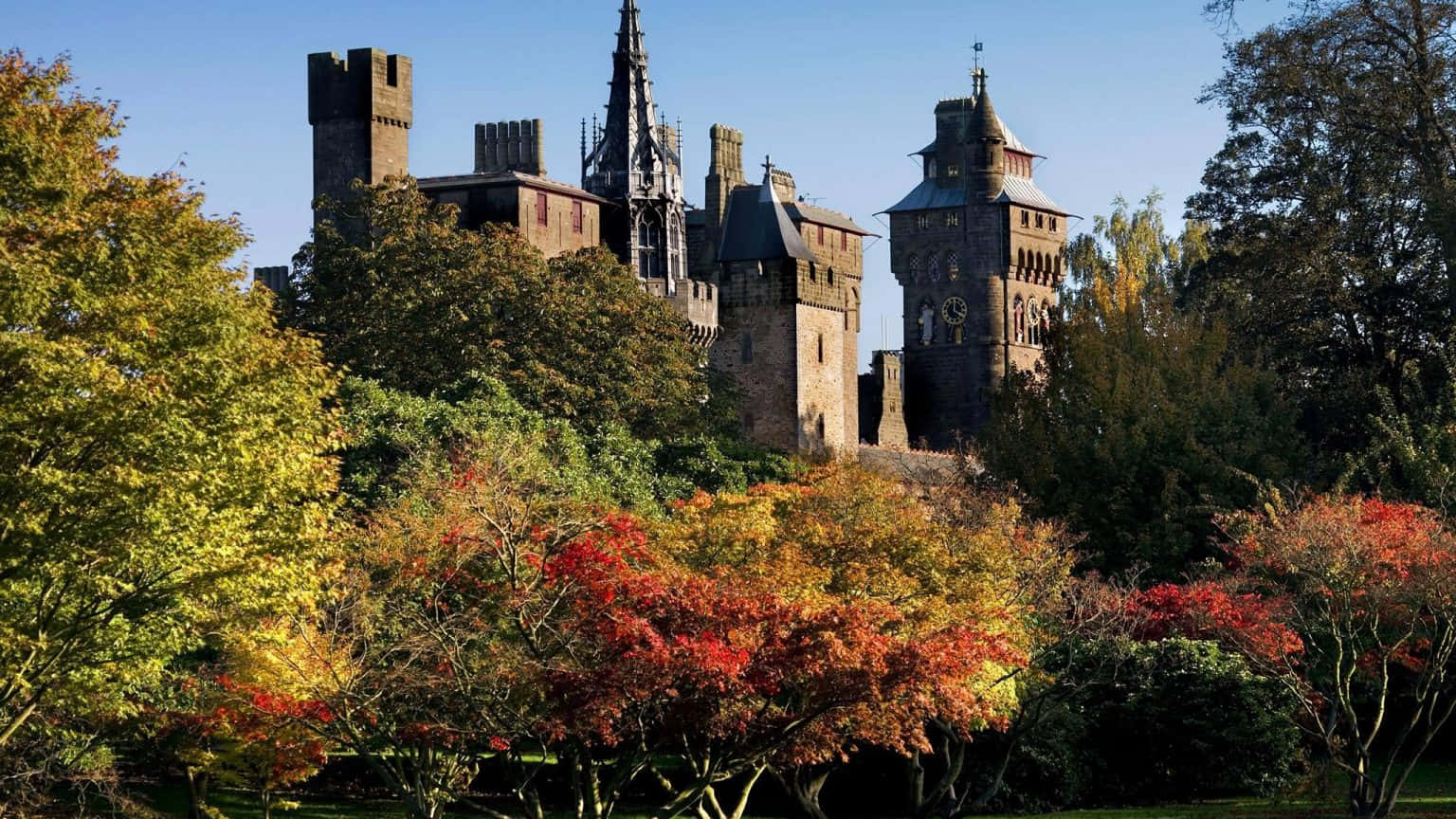 Majestic Cardiff Castle On A Bright Sunny Day.