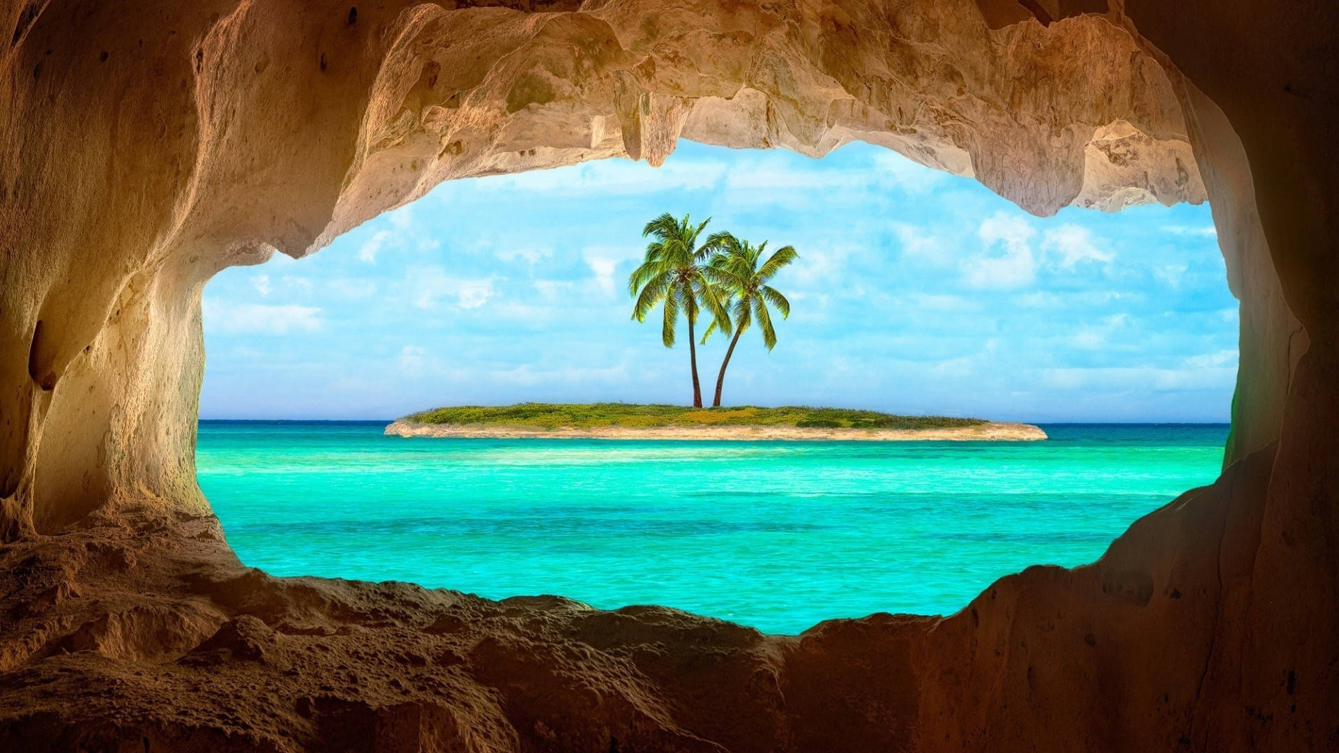 Majestic Caribbean Island Cave View Background