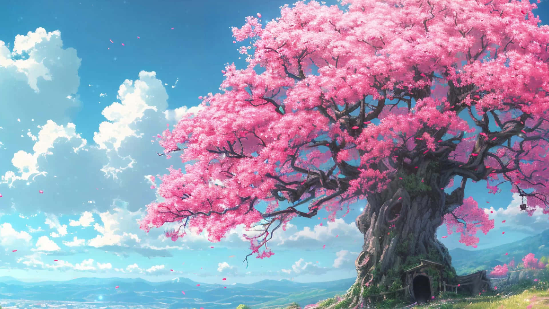 Majestic Cherry Blossom Tree Anime Scenery Background