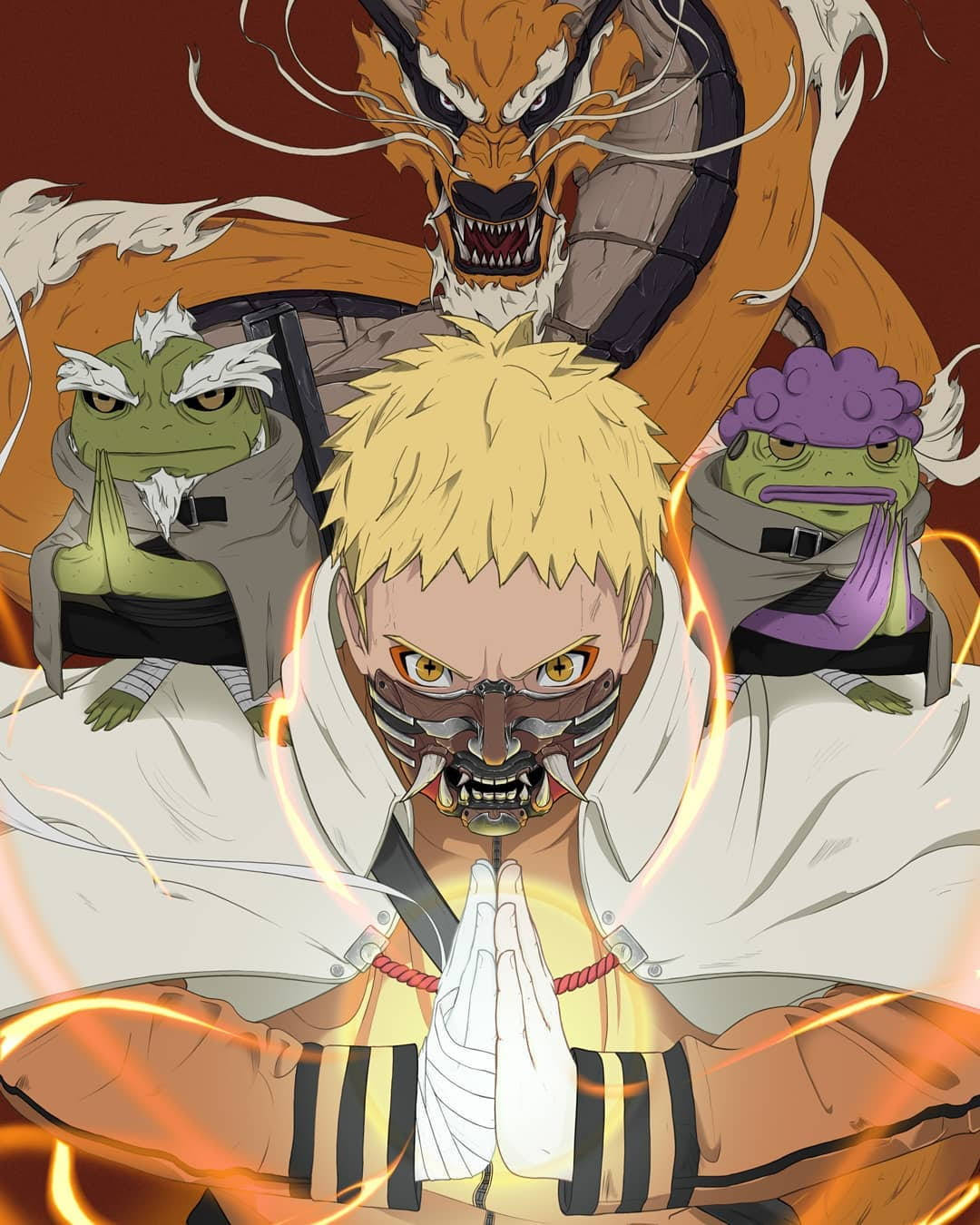 Majestic Collaboration - Naruto Uzumaki In Sage Mode, Kurama And Fukasaku Background