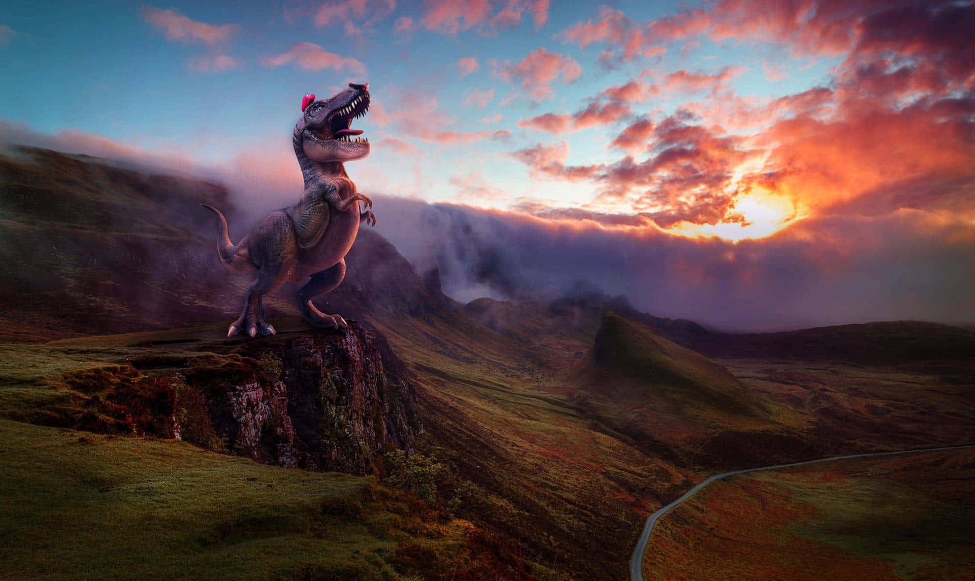 Majestic Dinosaur Sunset Cliff Background