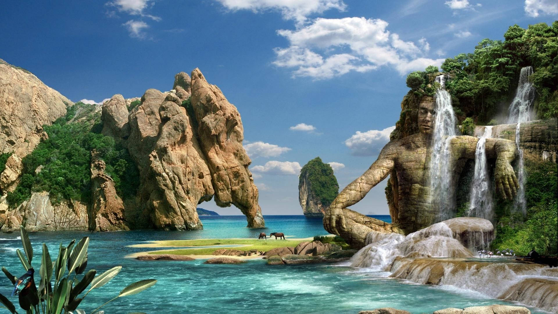 Majestic Elephant Rock And Waterfall In Full Hd Background