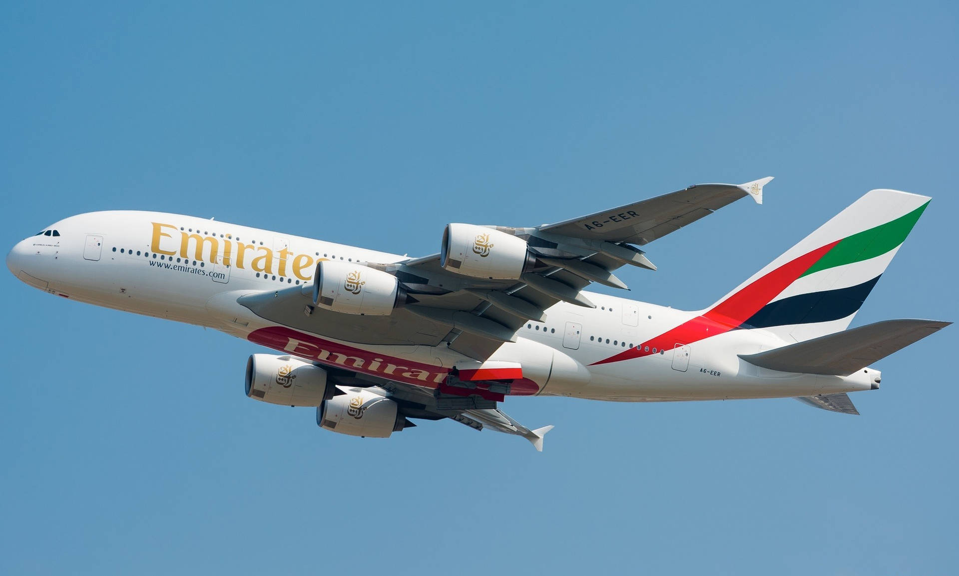 Majestic Emirates Airbus A380neo Soaring In The Sky Background