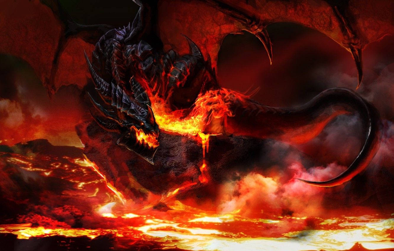 Majestic Fire Dragon Igniting From Molten Magma Background