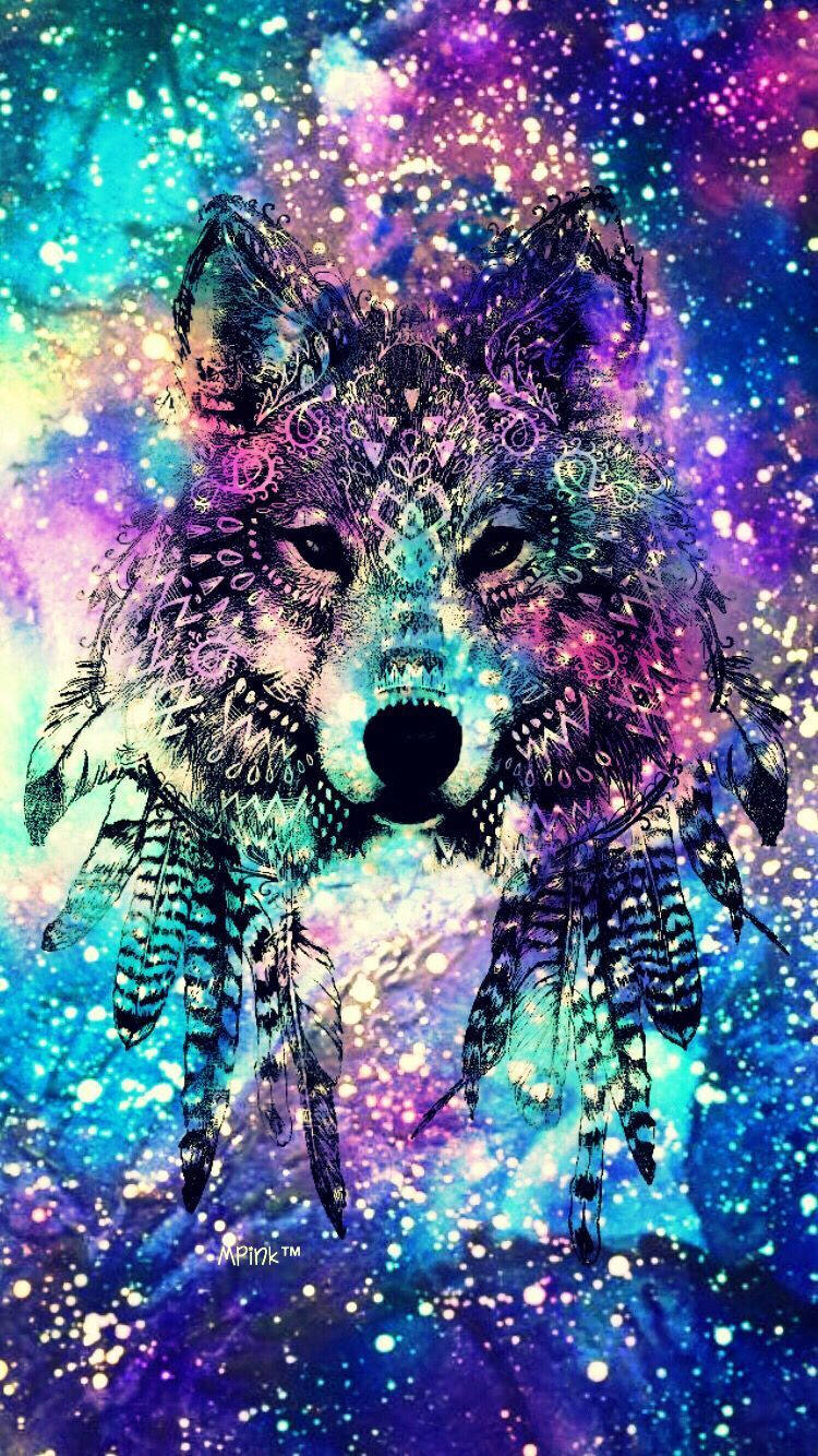 Majestic Galaxy Wolf Adorned With Feather Mask