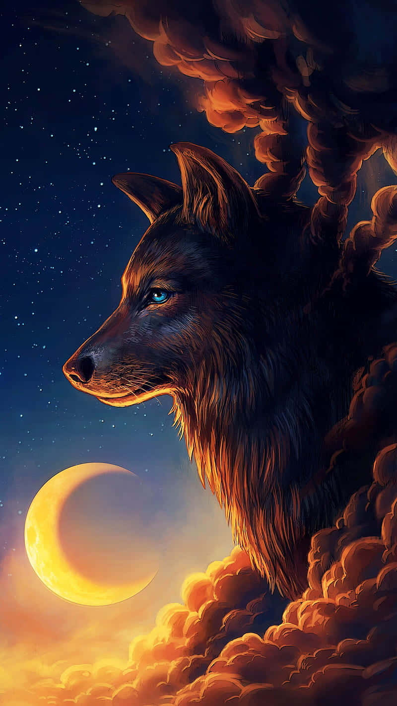 Majestic Galaxy Wolf Under Crescent Moon Background