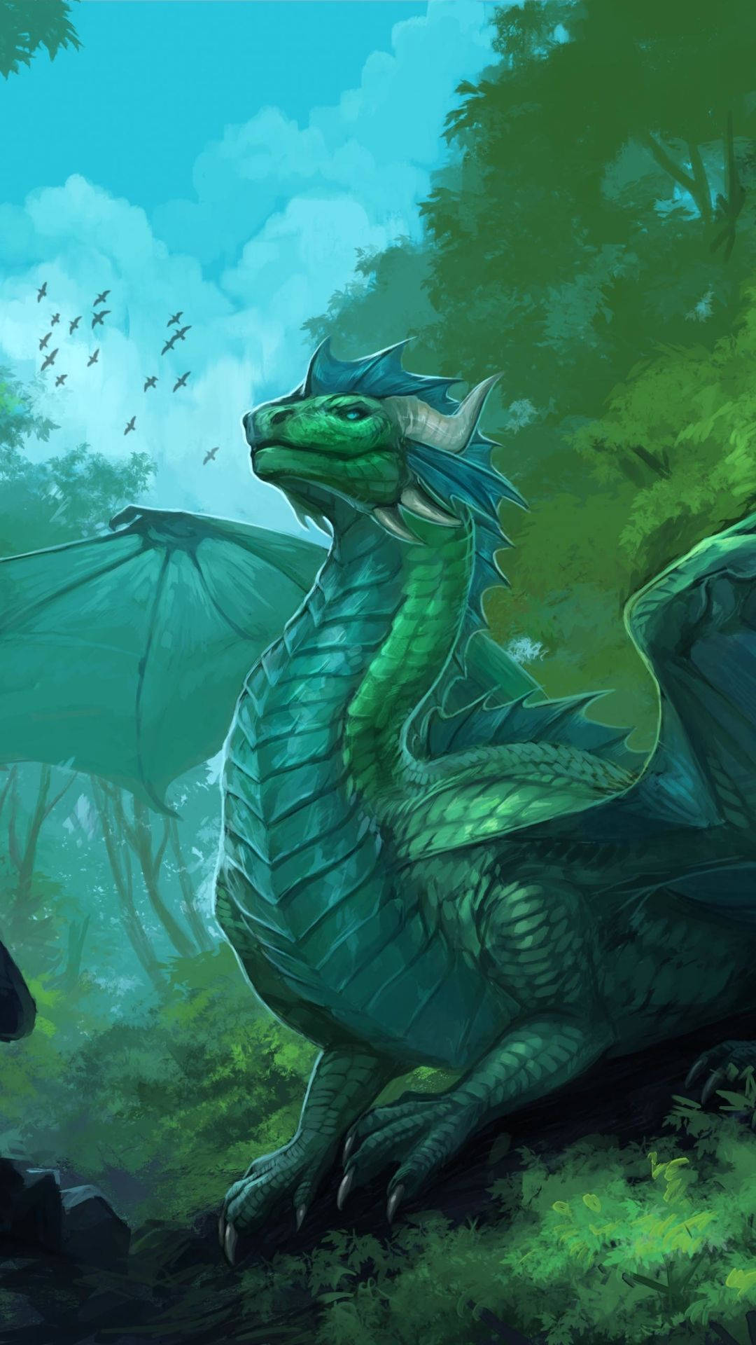 Majestic Green Dragon In Forest Background