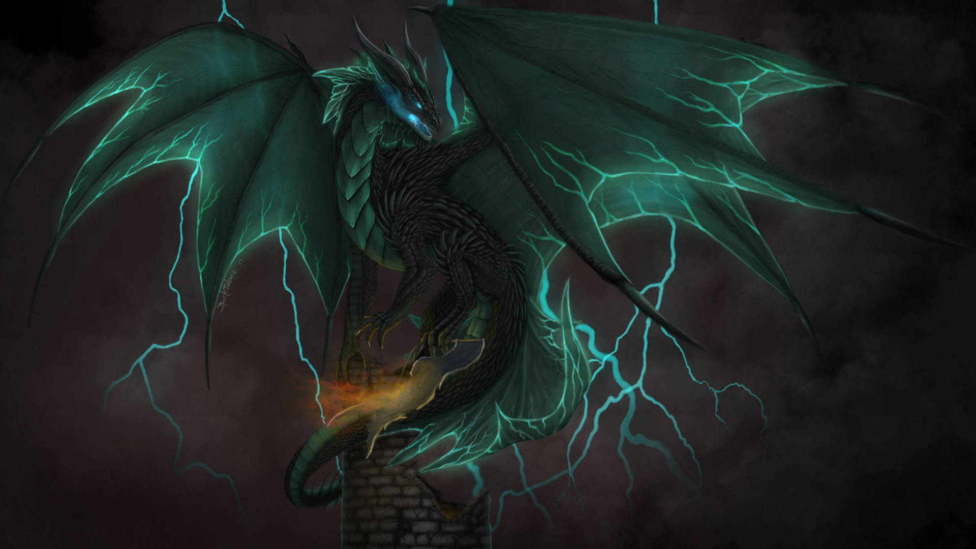 Majestic Green Dragon In Throne Background