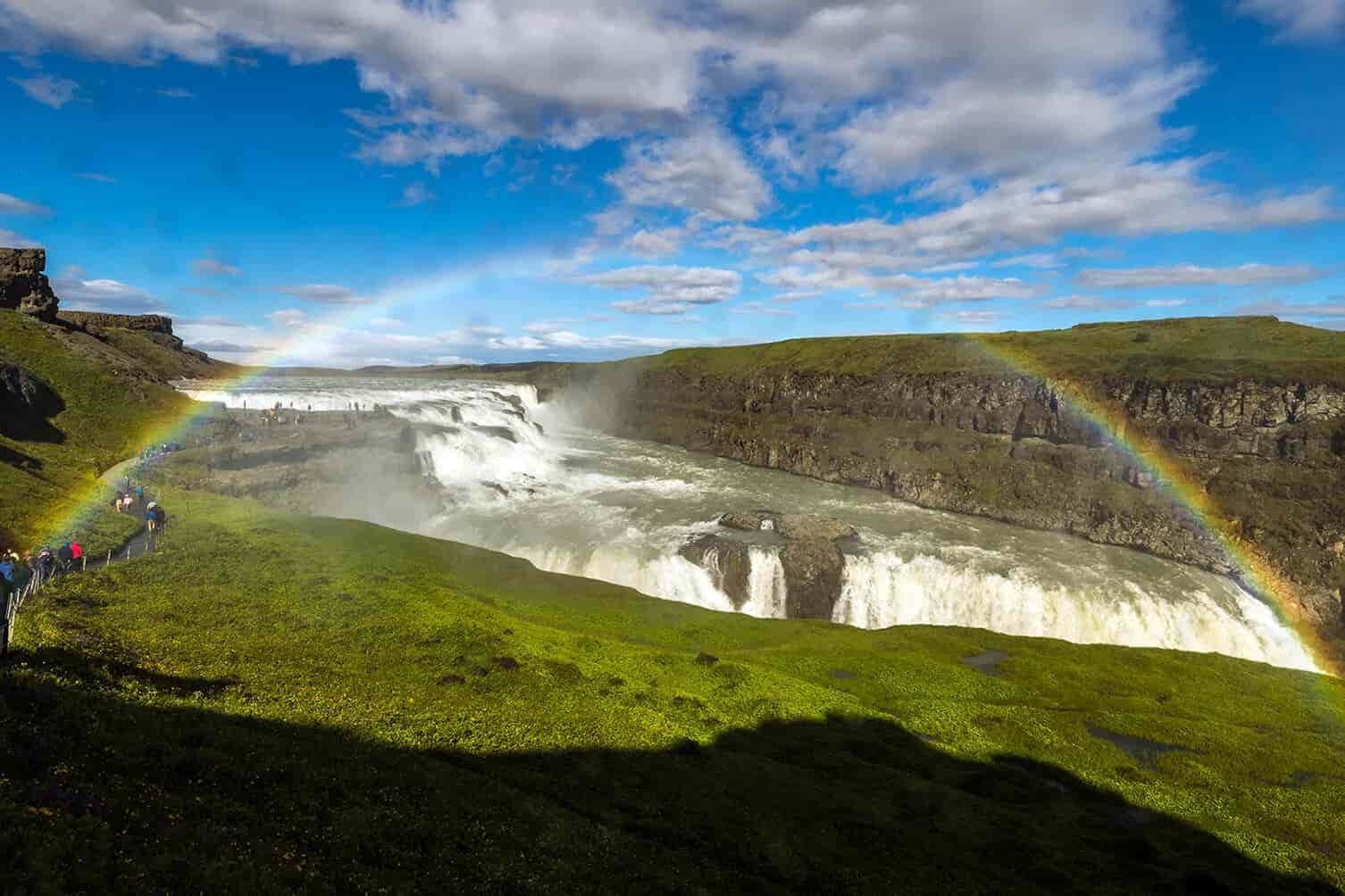 Majestic Gullfoss Waterfall With A Colorful Rainbow Arch In Scenic Southwest Iceland. Background