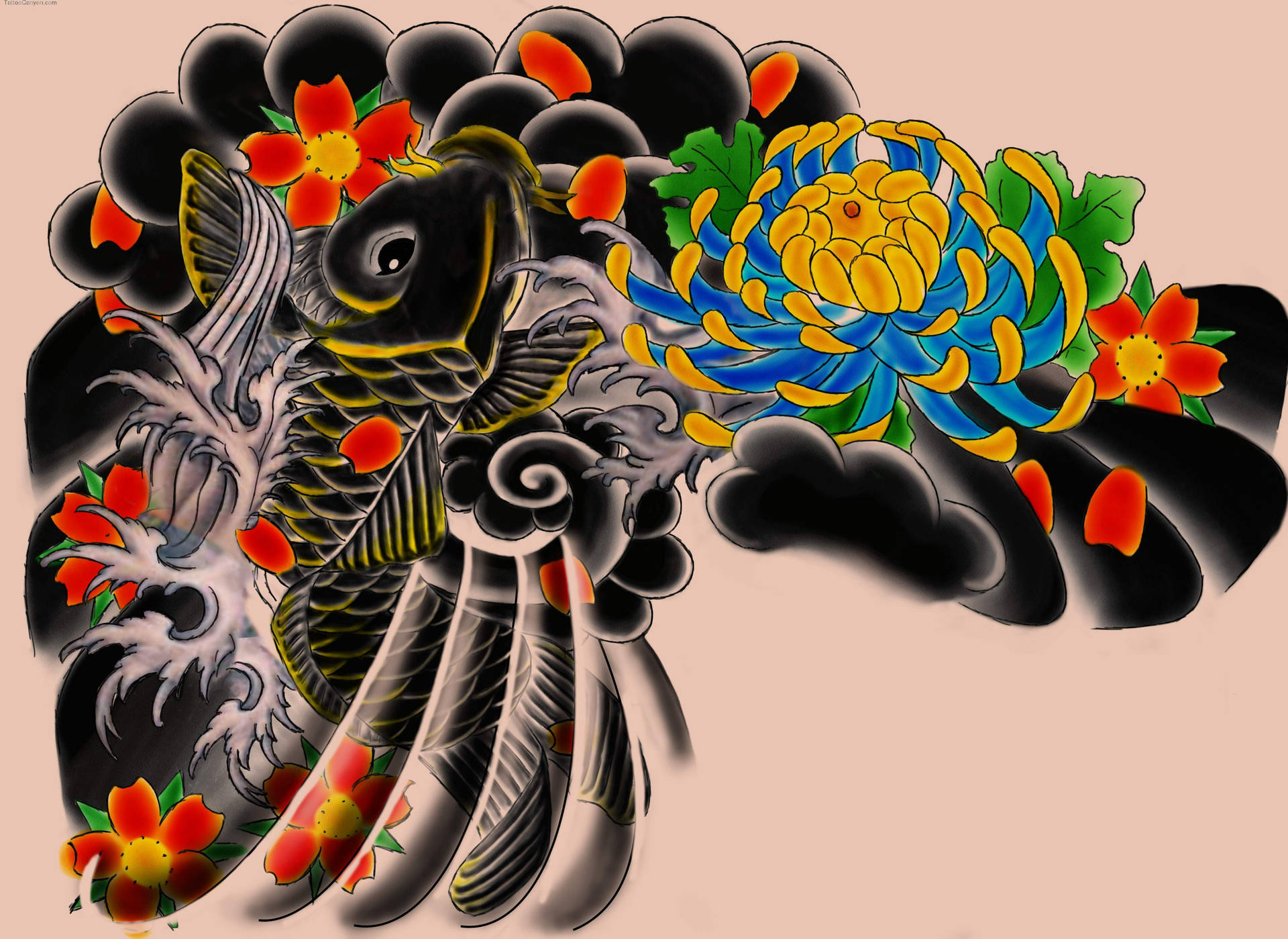 Majestic Japanese Dragon Tattoo With Koi Fish Design Background