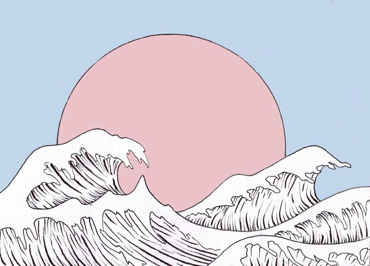 Majestic Japanese Waves With Pink Sun