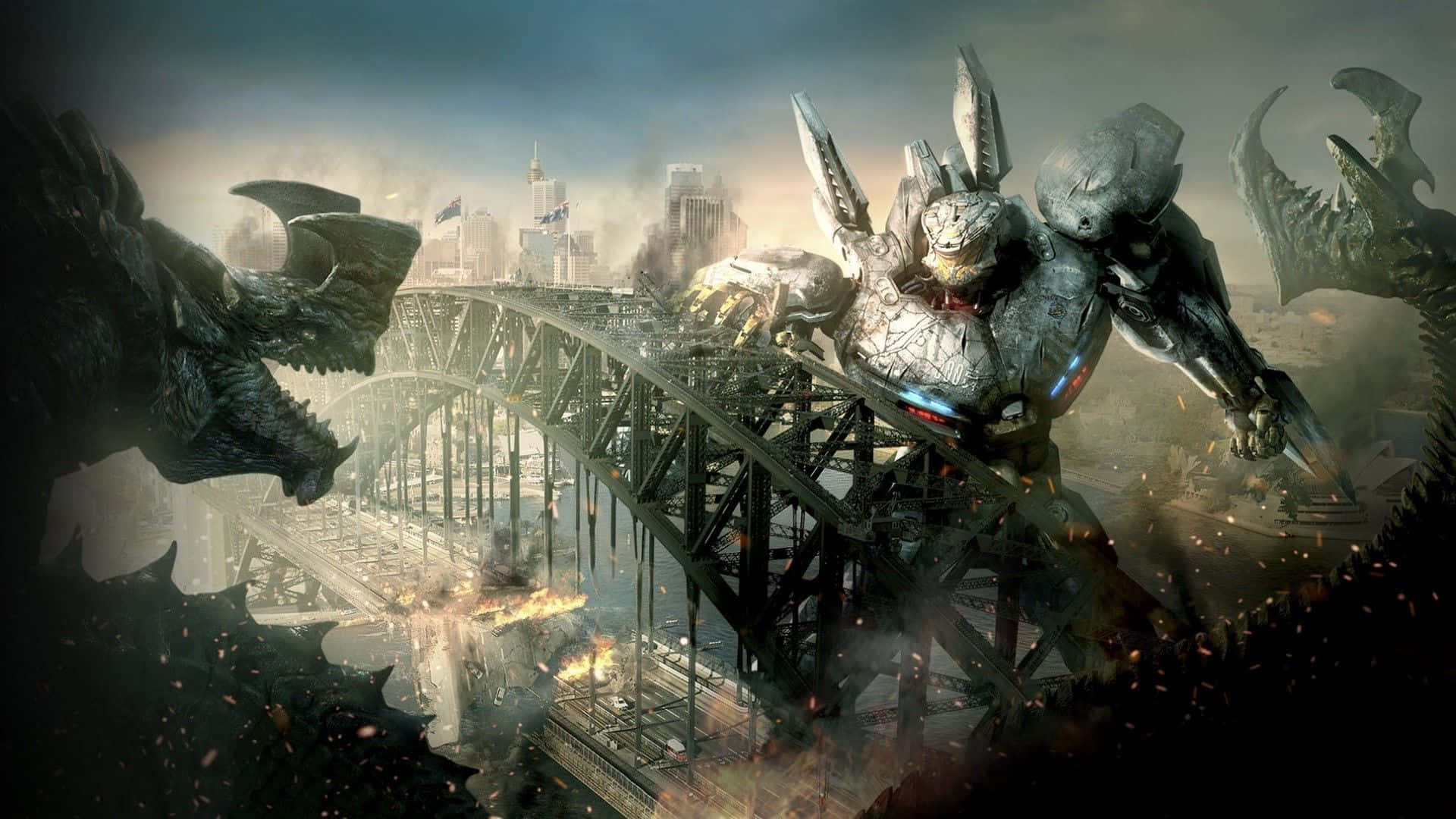 Majestic Kaiju Roaring Amidst A Destructive Cityscape Background