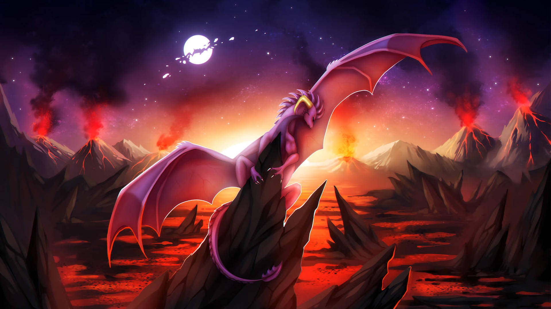 Majestic Lava Dragon Against Serene Pink Sky Background