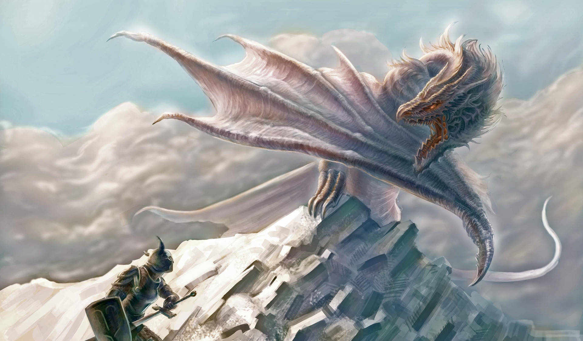 Majestic Light Dragon With Armored Warrior Background