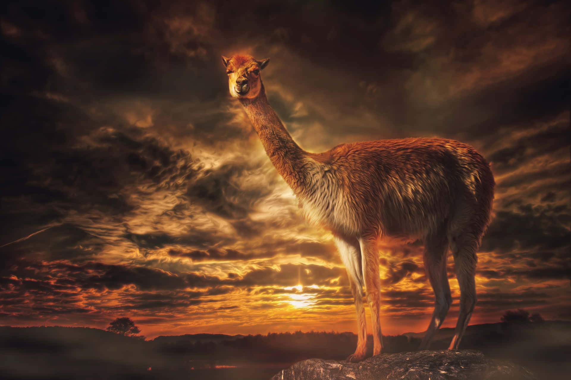 Majestic Llama Sunset Silhouette Background