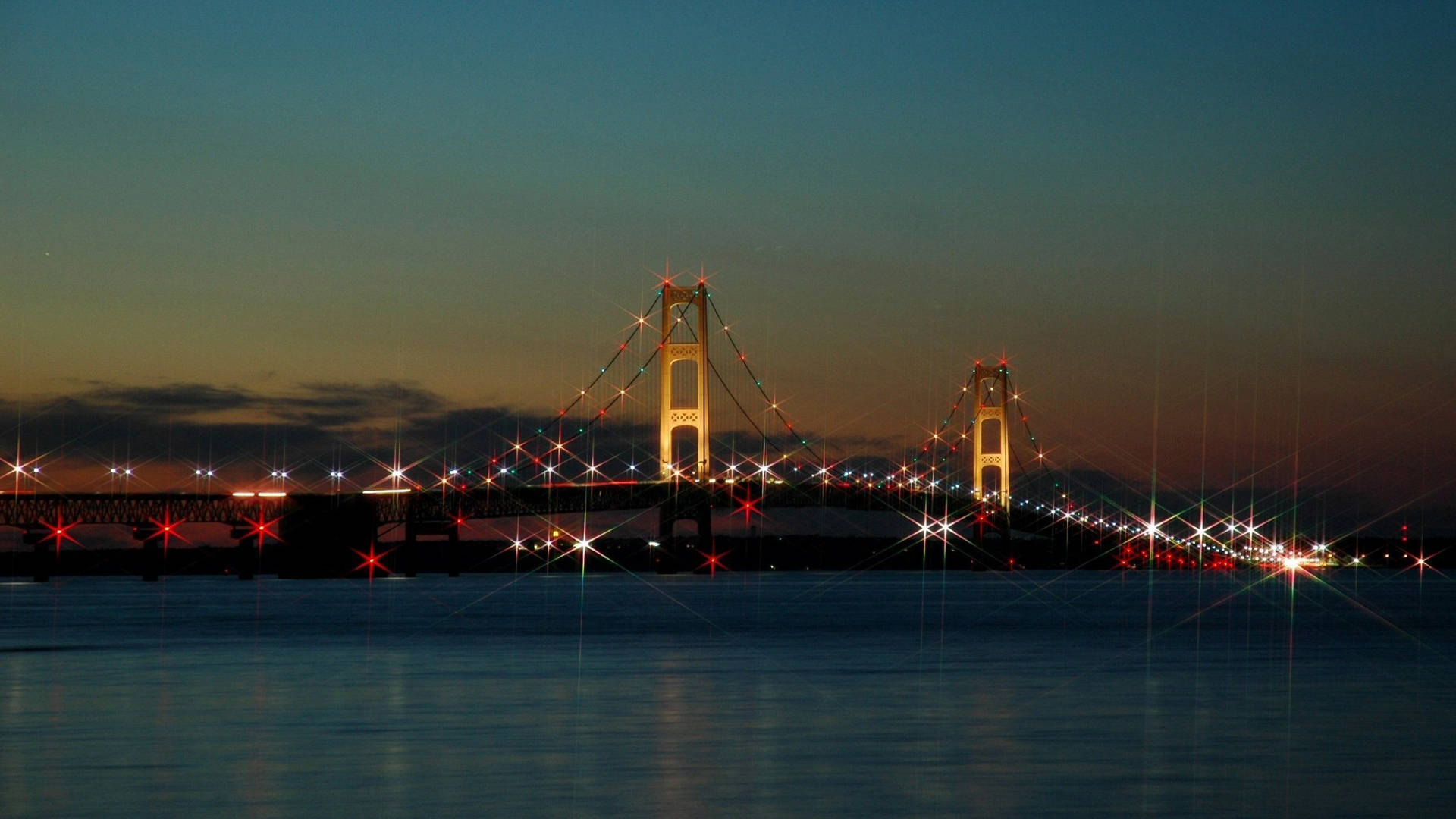 Majestic Mackinac Bridge At Dusk Background