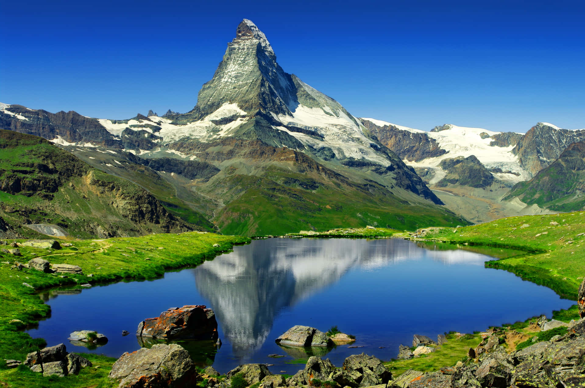 Majestic Matterhorn Reflection On The Serene Alpine Lake Background