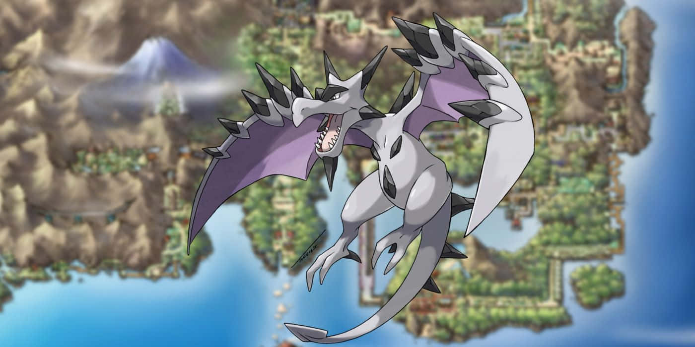 Majestic Mega Aerodactyl Soaring Over Map Background