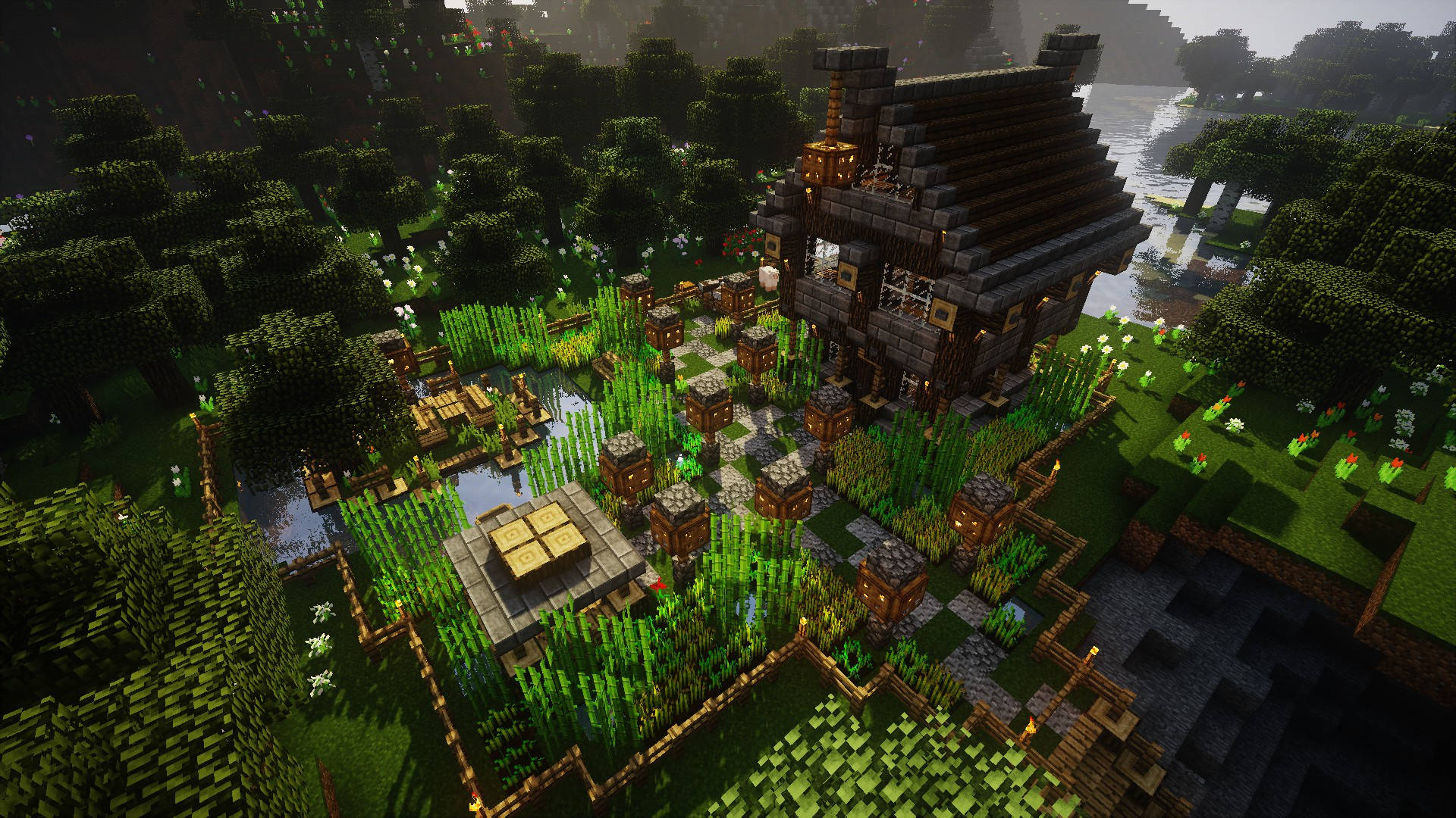 Majestic Minecraft House Surrounded By Lush Garden Background