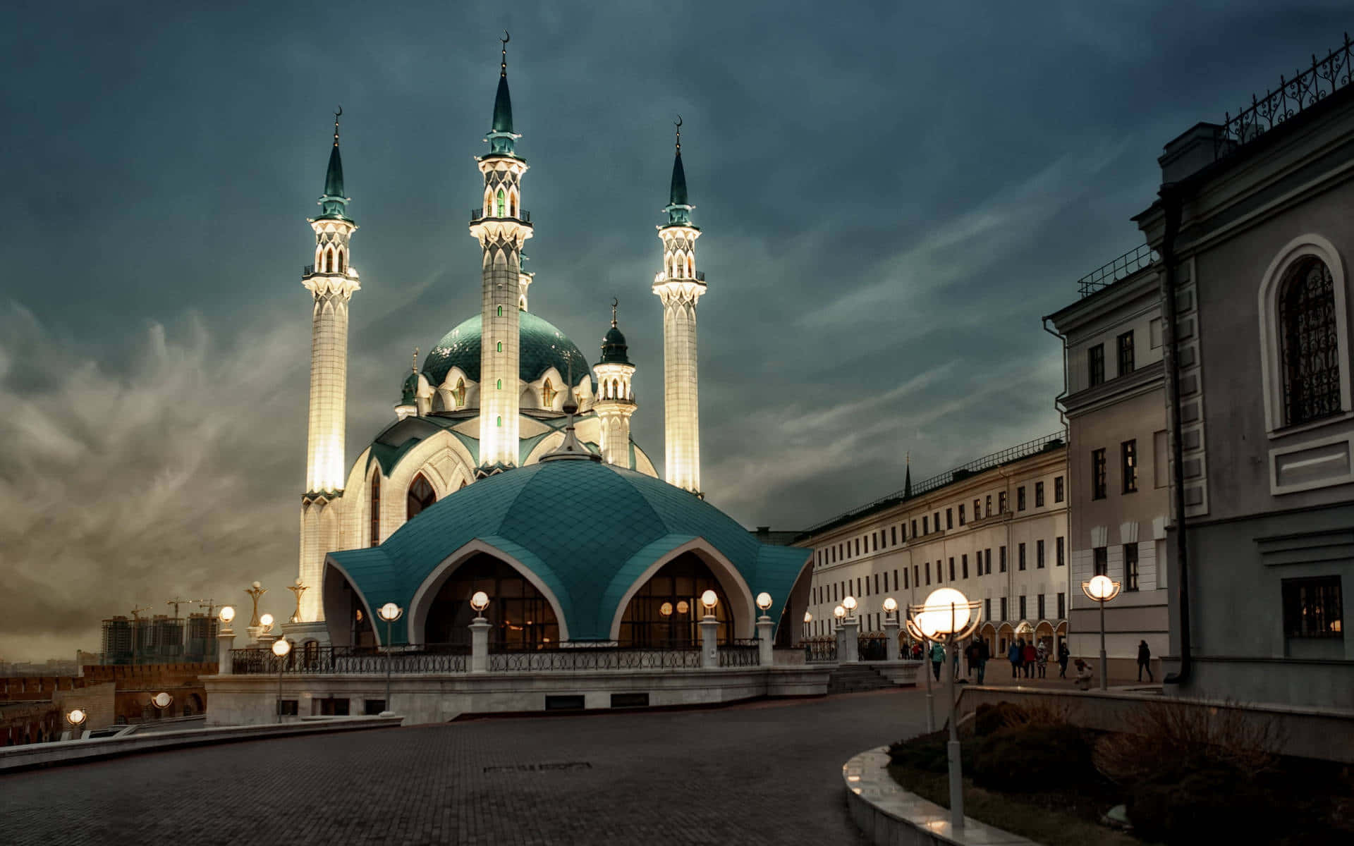 Majestic Mosque Evening Lights Background