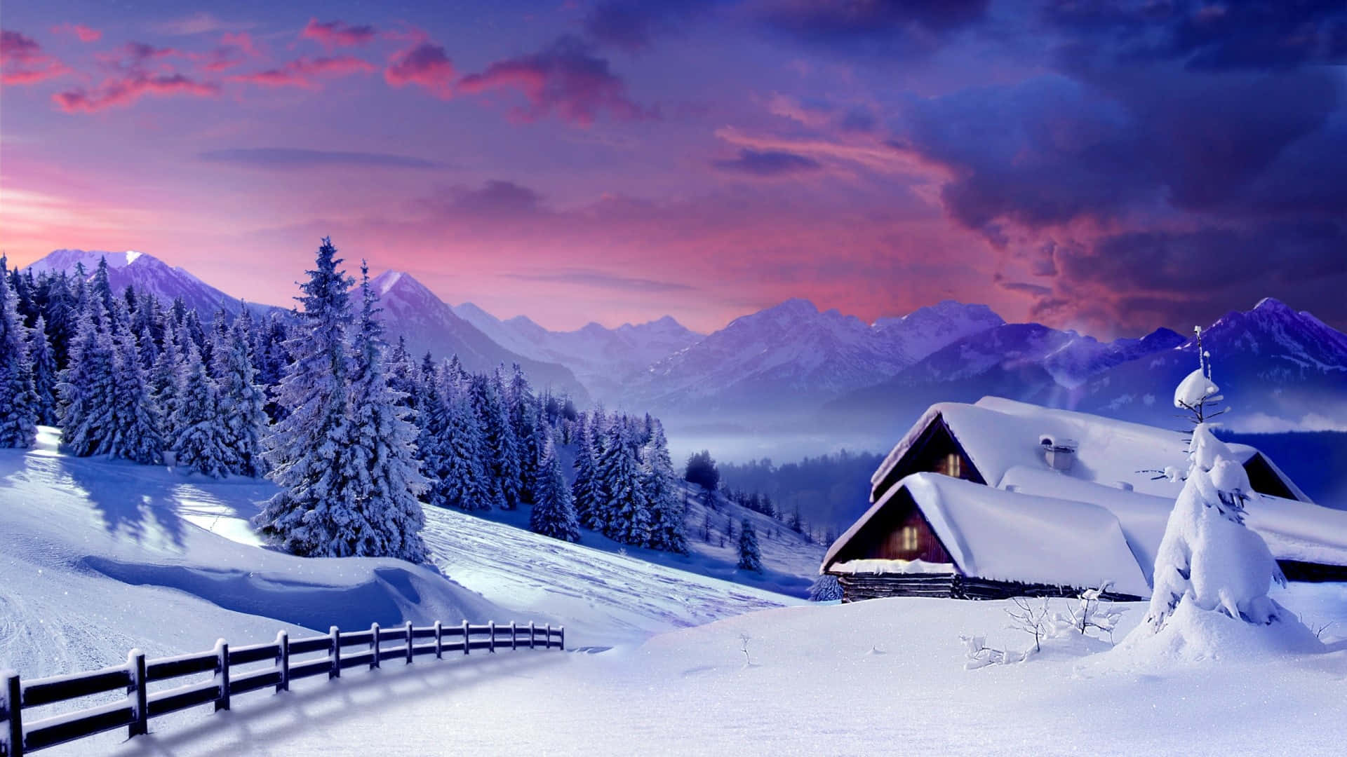 Majestic Mountain Scene Surrounded By Lush Evergreen Forest Background