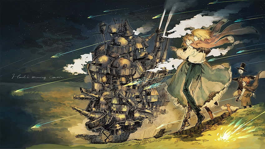 Majestic Moving Castle Over A Scenic Landscape Background