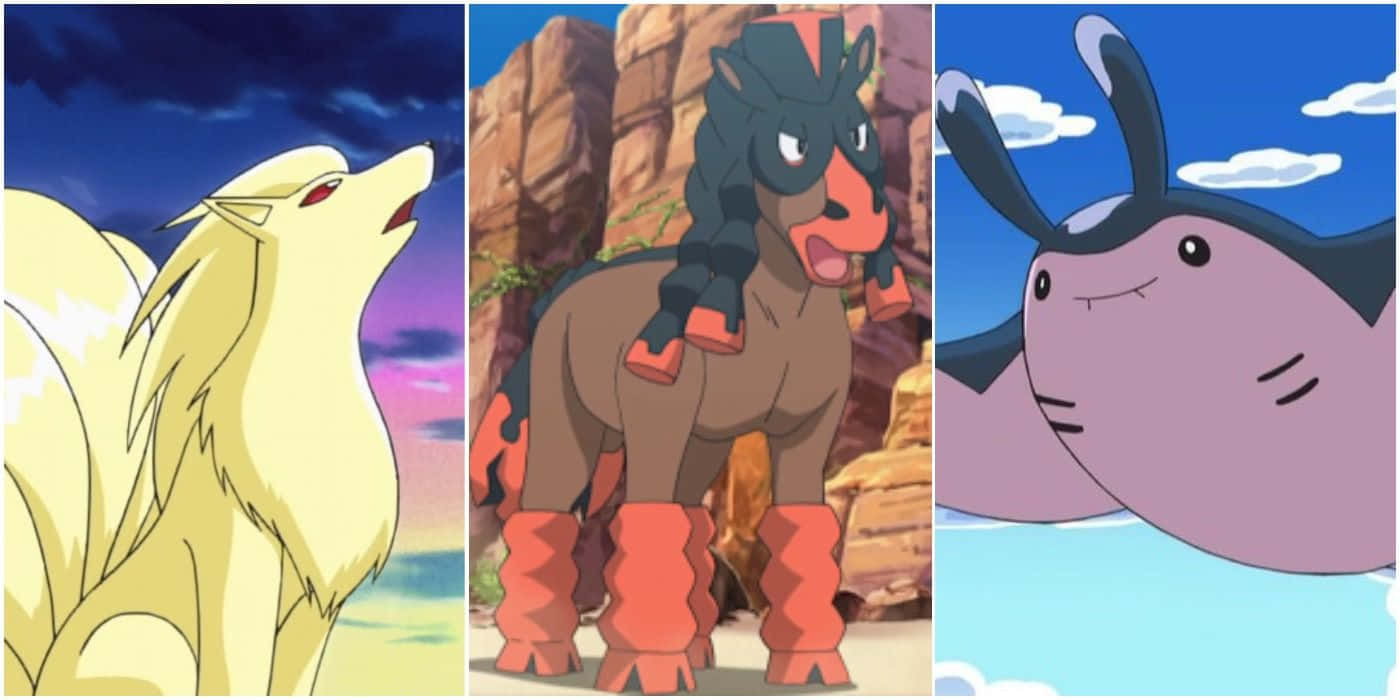 Majestic Mudsdale, Graceful Ninetales, And Mantine In A Beautiful Pokemon Landscape Background