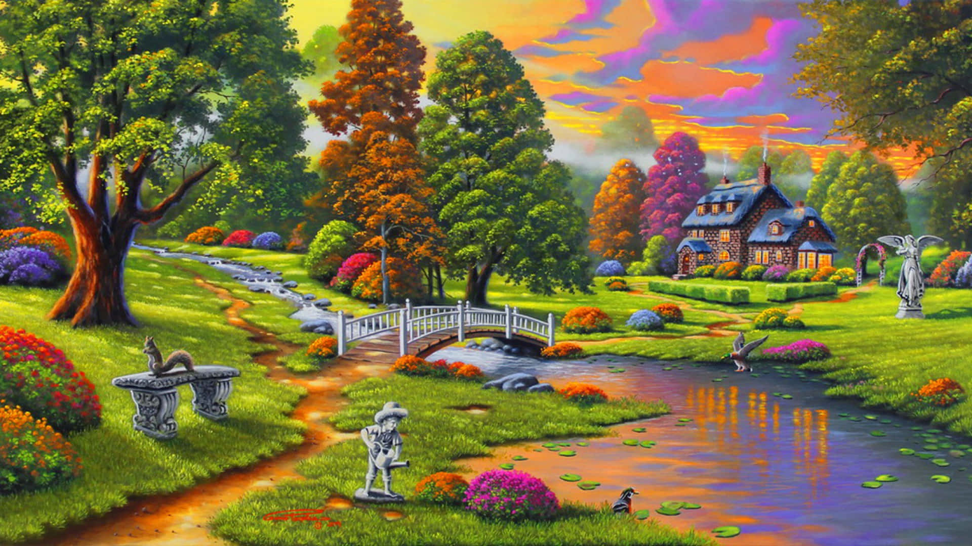 Majestic Painting Of A House And Its Lawn Background