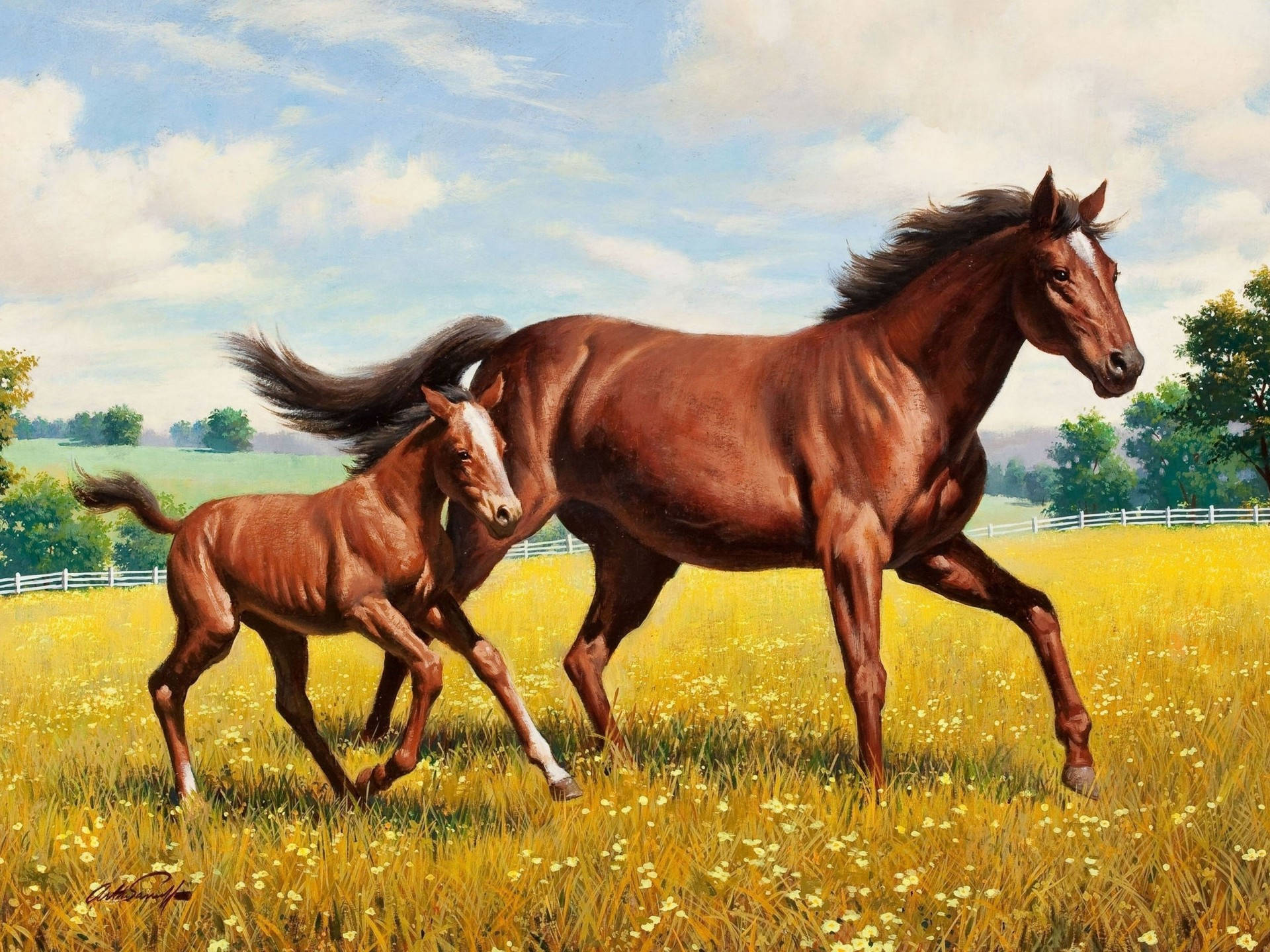 Majestic Painting Of A Mother Horse And Her Young Foal By The River