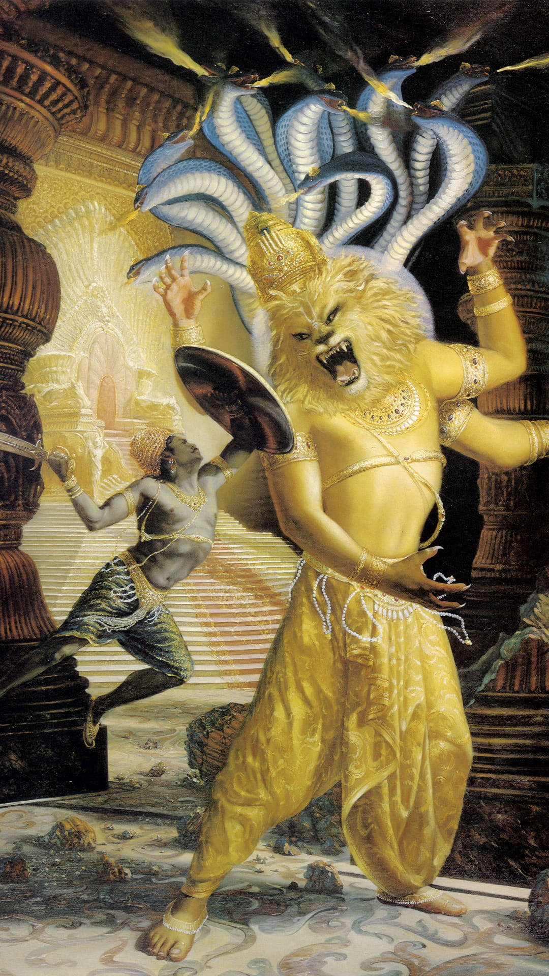 Majestic Painting Of Lord Narasimha Vanquishing Hiranyakashipu Background