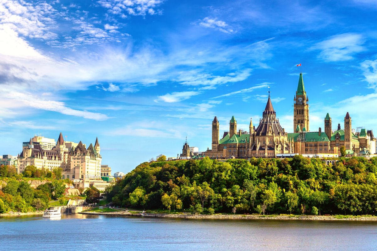 Majestic Parliament Hill Overlooking Ottawa River Background