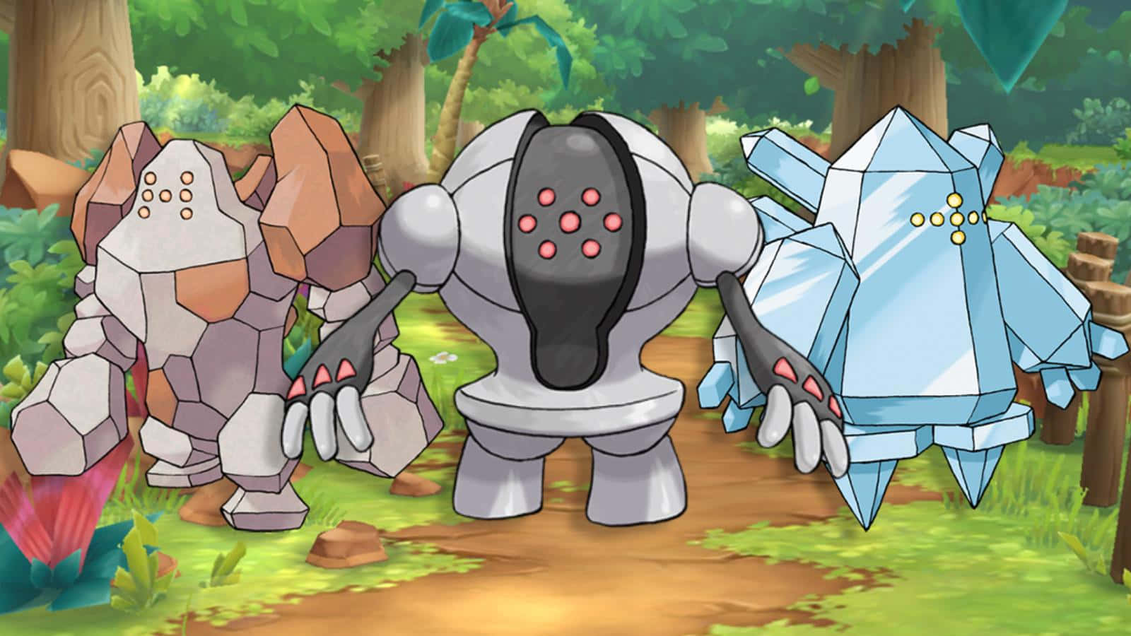 Majestic Regirock, Regice, And Registeel In A Serene Forest Setting